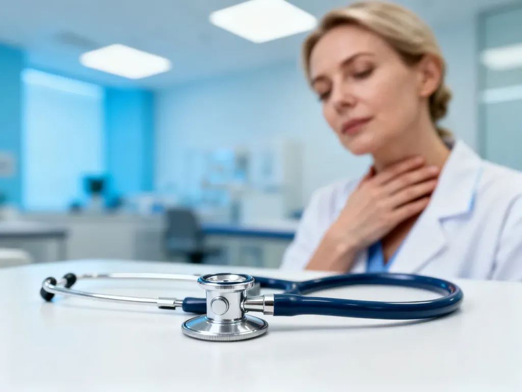 Kobieta dotykająca szyi w gabinecie endokrynologicznym, sugerująca diagnostykę guzków tarczycy.