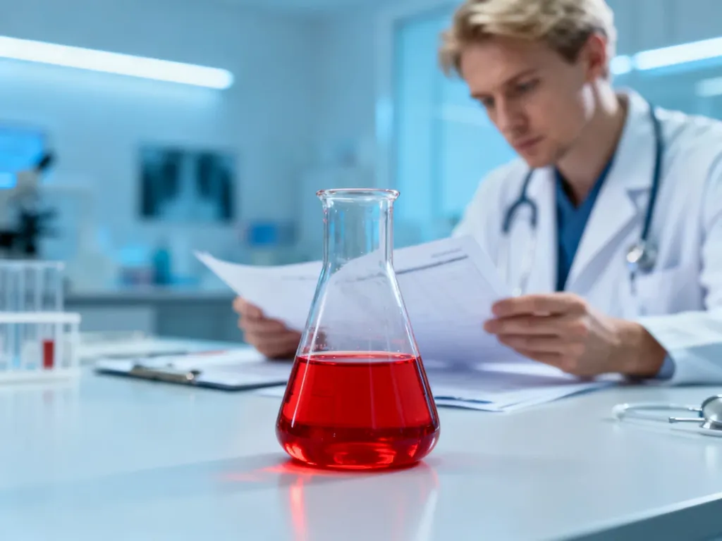Szklana zlewka z krwią na stole laboratoryjnym, w tle lekarz analizujący wyniki badań w profesjonalnym gabinecie.