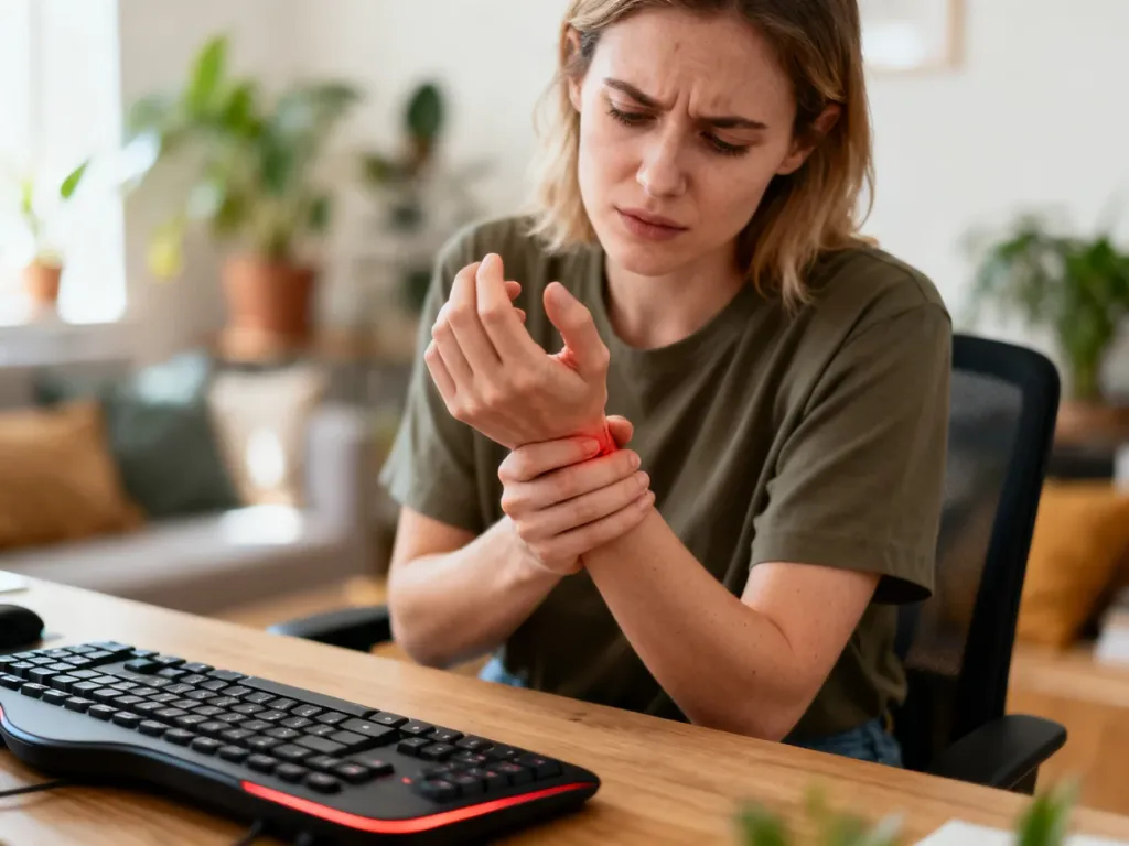 Kobieta odczuwająca ból nadgarstka podczas pracy przy ergonomicznym komputerze w domowym biurze.