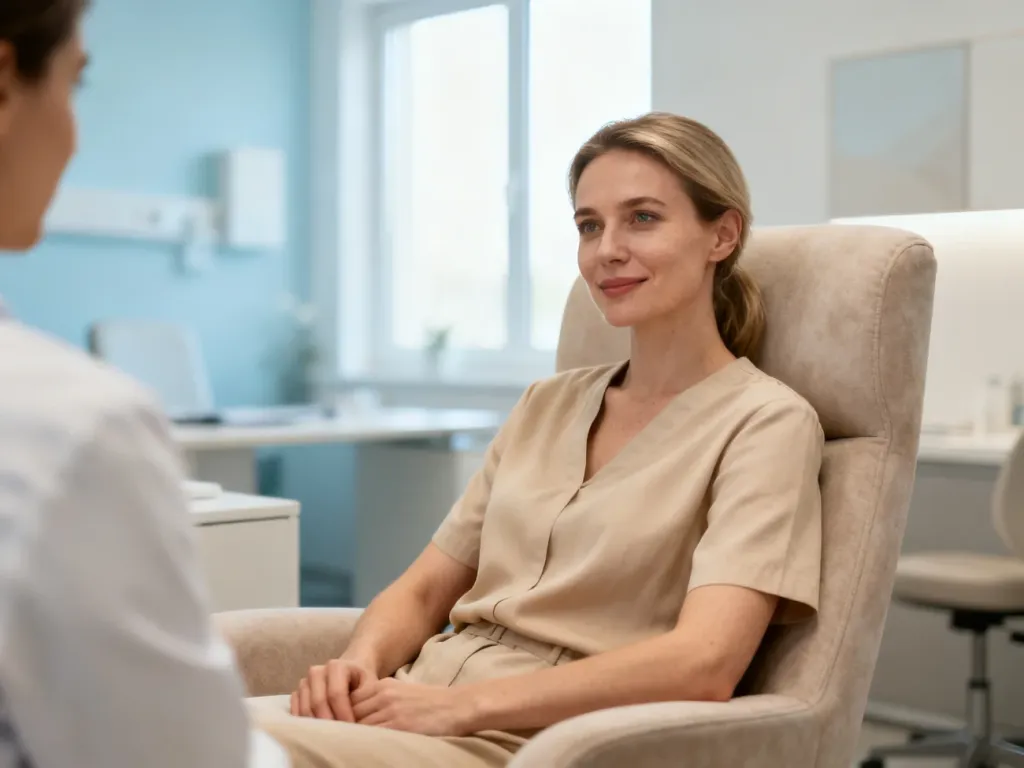 Pacjentka podczas spokojnej rozmowy z lekarzem w przyjaznym, nowoczesnym gabinecie psychiatrycznym.