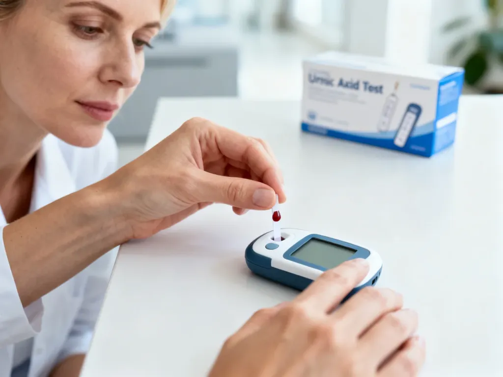 Kobieta wykonuje domowy test na poziom kwasu moczowego, nakładając kroplę krwi na pasek diagnostyczny w glukometrze.