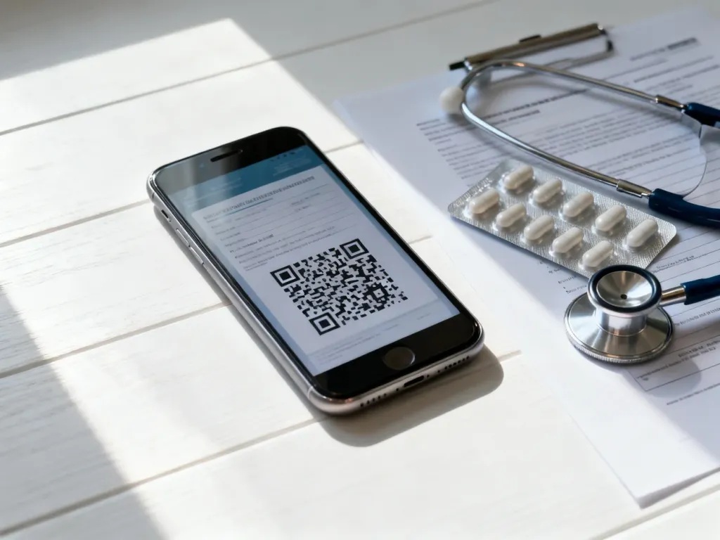 Smartfon z wyświetlonym kodem QR e-recepty, leżący obok stetoskopu i leków na białym biurku.