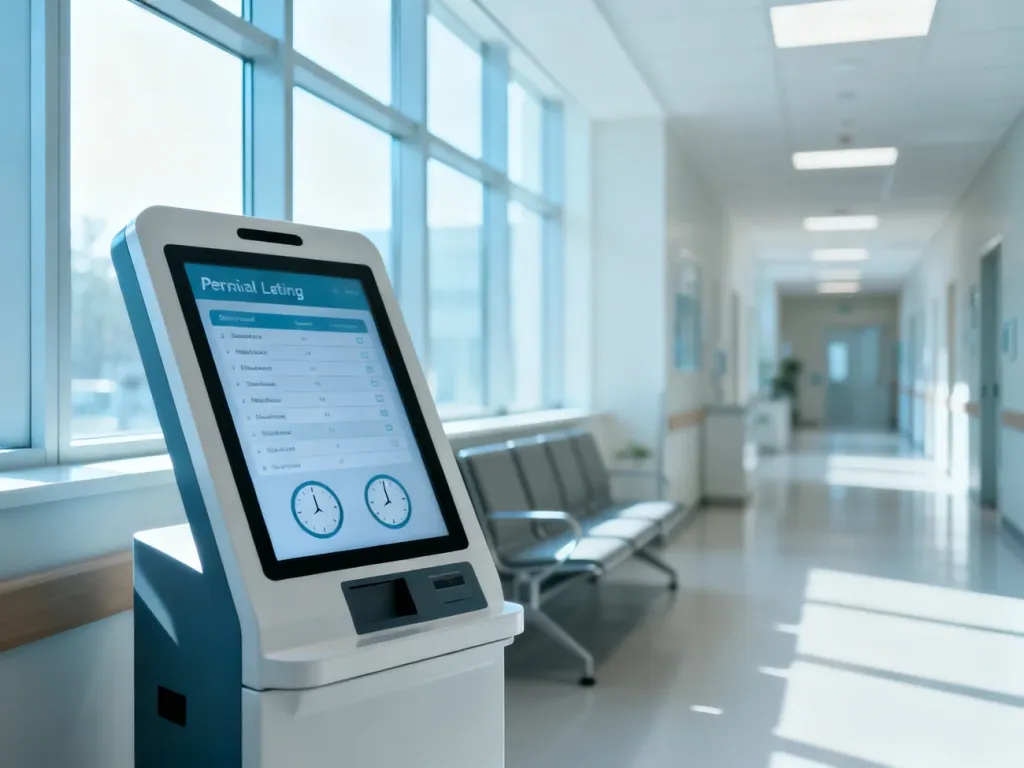 Nowoczesny kiosk multimedialny w przychodni, służący do sprawdzania terminów wizyt i zarządzania kolejką do specjalisty.