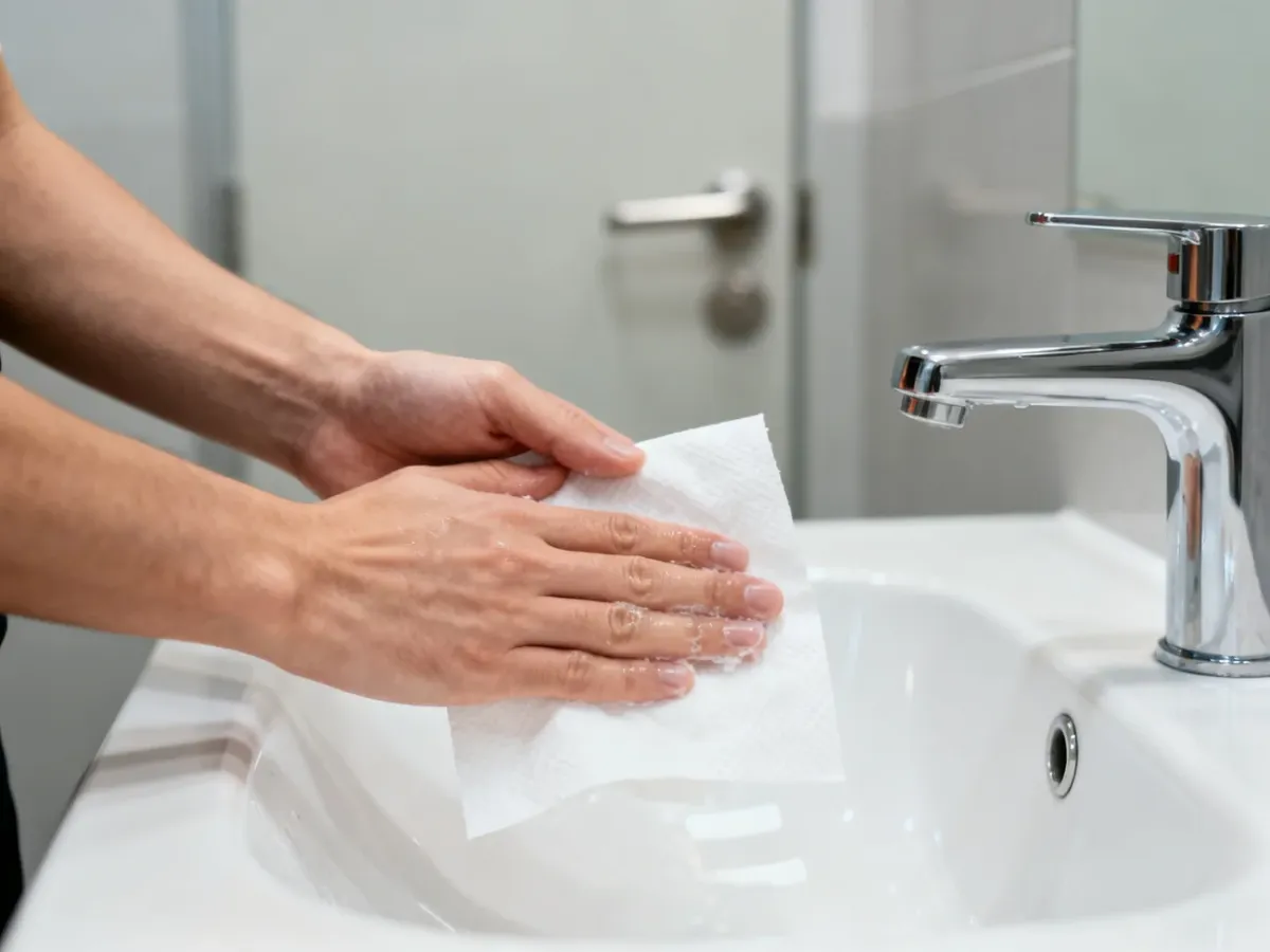 Osuszanie umytych rąk jednorazowym ręcznikiem papierowym