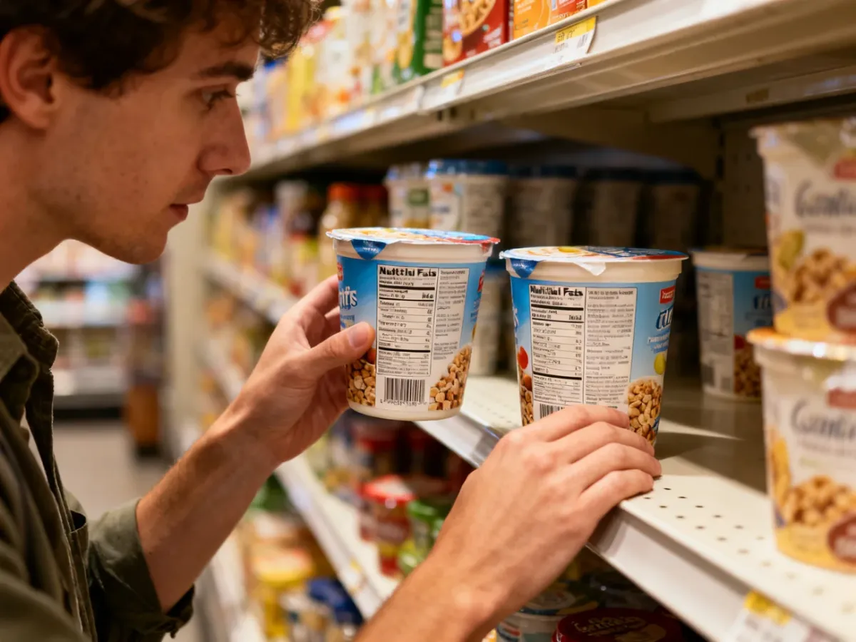 Konsument porównujący podobne produkty i sprawdzający ich skład podczas zakupów