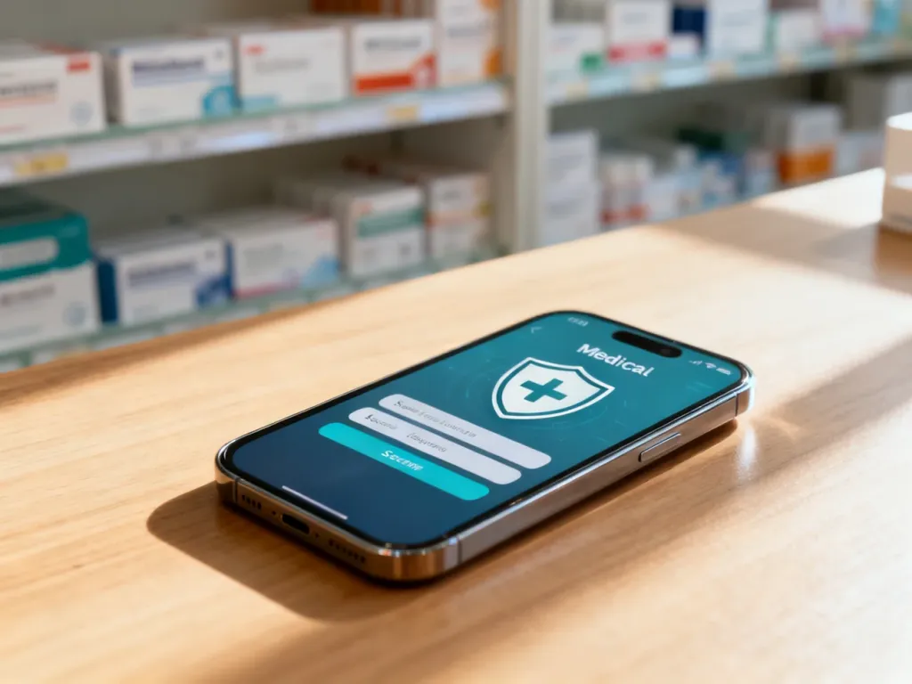 Smartfon z ekranem logowania do systemu medycznego leżący na biurku, symbolizujący bezpieczny dostęp do konta pacjenta.