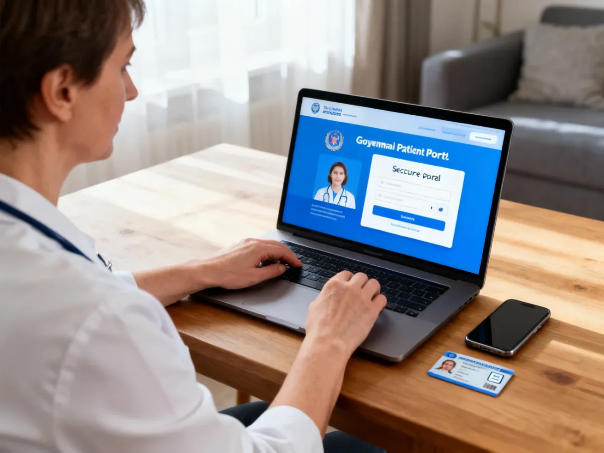 Osoba logująca się bezpiecznie do Internetowego Konta Pacjenta na laptopie